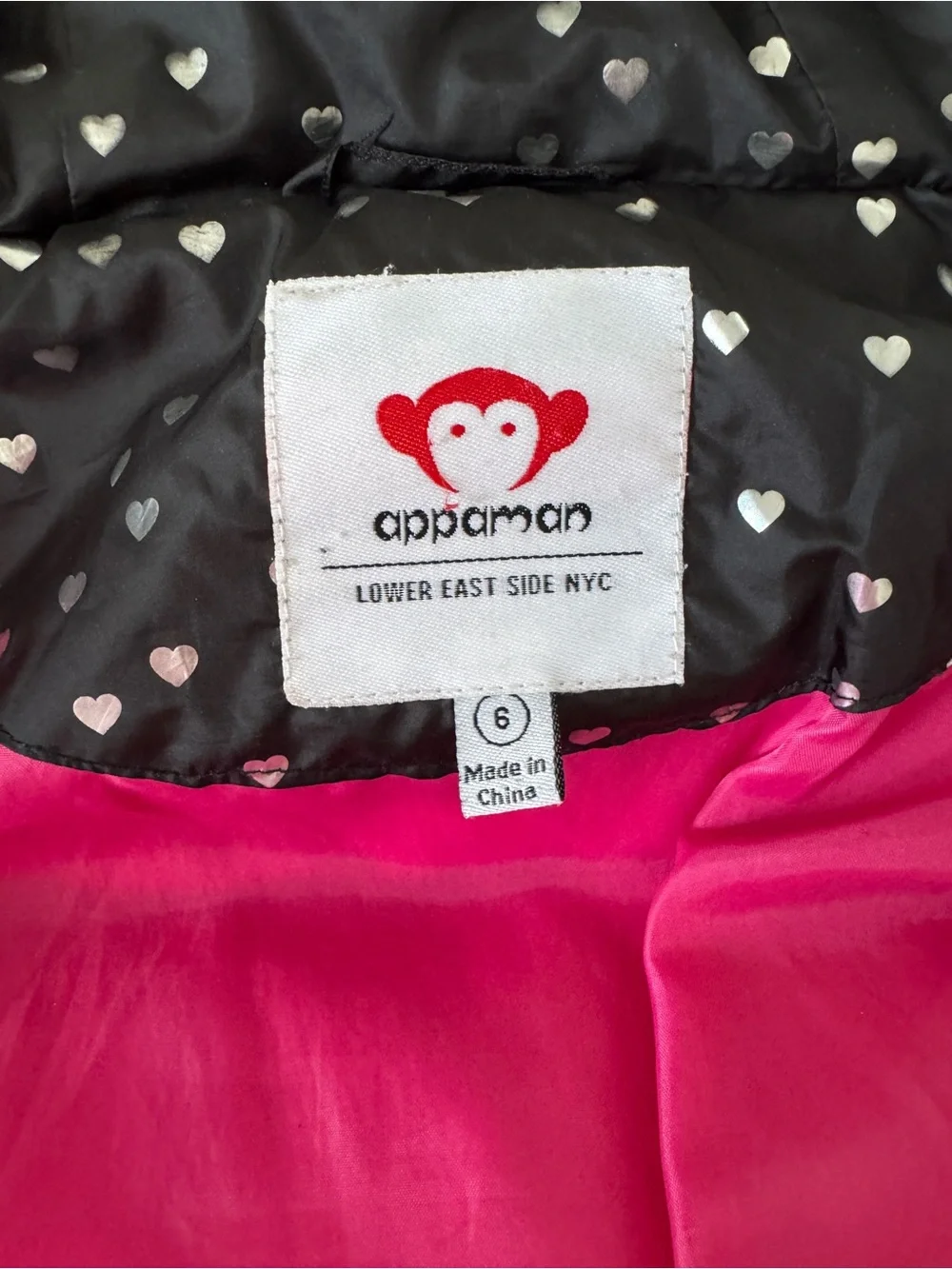 Appaman Girls Hearts Puffy Coat Size 6 Black Silver Down Puffer Jacket Hooded